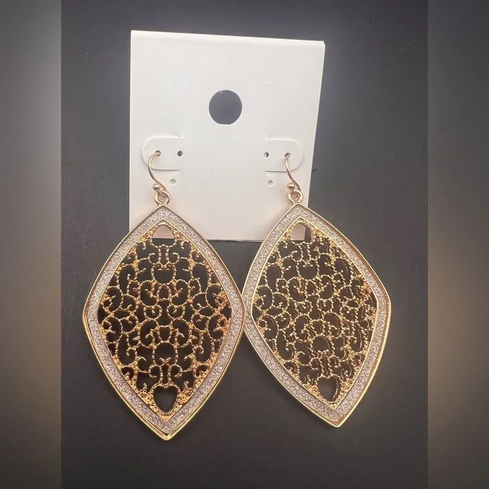 5/$25 New Gold Filigree Marquise Dangle Earrings – Boho Statement Jewelry